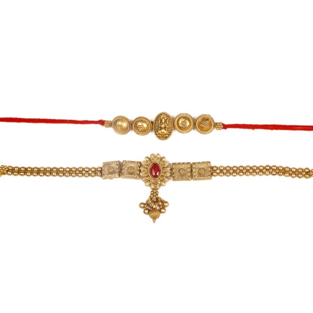 Raddhi Jewels Rajwadi Gold Plated Brass Ruby Stone Glided Floral Design Bhaiya Bhabhi Rakhi Set With Roli Chawal Plate Combo Hamper For Rakshabandhan