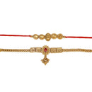 Raddhi Jewels Rajwadi Gold Plated Brass Ruby Stone Glided Floral Design Bhaiya Bhabhi Rakhi Set With Roli Chawal Plate Combo Hamper For Rakshabandhan