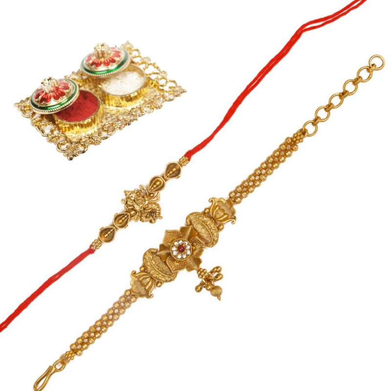 Raddhi Jewels Rajwadi Gold Plated Brass Ruby Stone Glided Floral Design Bhaiya Bhabhi Rakhi Set With Roli Chawal Plate Combo Hamper For Rakshabandhan