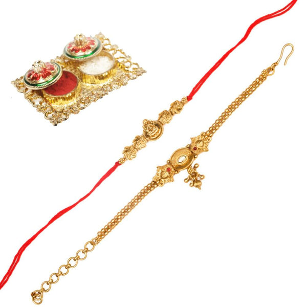 Raddhi Jewels Rajwadi Gold Plated Brass Ruby Stone Glided Floral Design Bhaiya Bhabhi Rakhi Set With Roli Chawal Plate Combo Hamper For Rakshabandhan