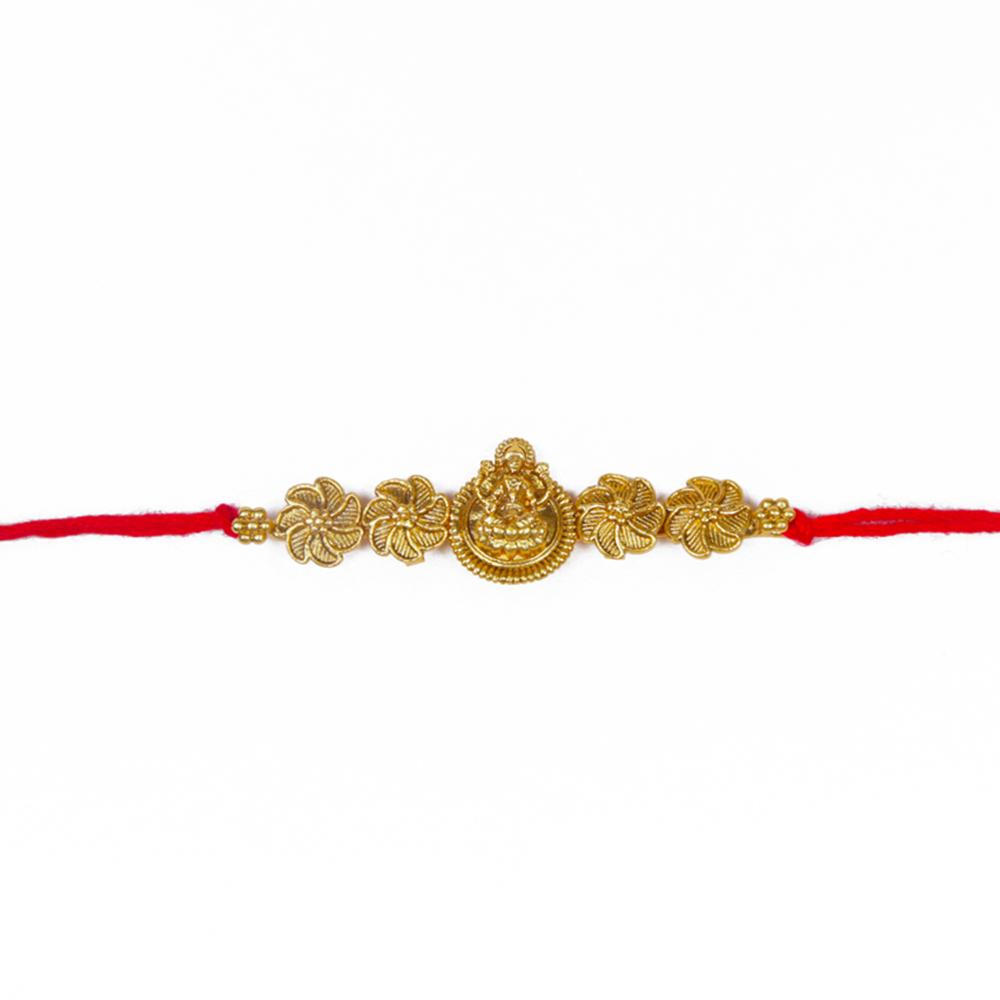 Raddhi Jewels Rajwadi Gold Plated Brass Ruby Stone Glided Floral Design Bhaiya Bhabhi Rakhi Set With Roli Chawal Plate Combo Hamper For Rakshabandhan