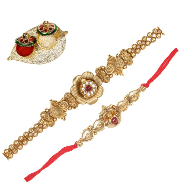 Raddhi Jewels Rajwadi Gold Plated Brass Ruby Stone Glided Floral Design Bhaiya Bhabhi Rakhi Set With Roli Chawal Plate Combo Hamper For Rakshabandhan