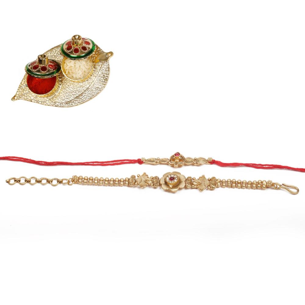 Raddhi Jewels Rajwadi Gold Plated Brass Ruby Stone Glided Floral Design Bhaiya Bhabhi Rakhi Set With Roli Chawal Plate Combo Hamper For Rakshabandhan