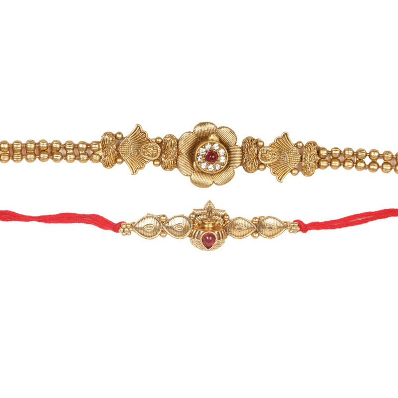 Raddhi Jewels Rajwadi Gold Plated Brass Ruby Stone Glided Floral Design Bhaiya Bhabhi Rakhi Set With Roli Chawal Plate Combo Hamper For Rakshabandhan