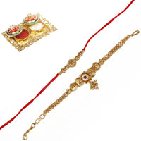 Raddhi Jewels Rajwadi Gold Plated Brass Ruby Stone Glided Floral Design Bhaiya Bhabhi Rakhi Set With Roli Chawal Plate Combo Hamper For Rakshabandhan