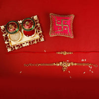 Raddhi Jewels Rajwadi Gold Plated Brass Ruby Stone Glided Floral Design Bhaiya Bhabhi Rakhi Set With Roli Chawal Plate Combo Hamper For Rakshabandhan