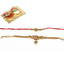 Raddhi Jewels Rajwadi Gold Plated Brass Ruby Stone Glided Floral Design Bhaiya Bhabhi Rakhi Set With Roli Chawal Plate Combo Hamper For Rakshabandhan