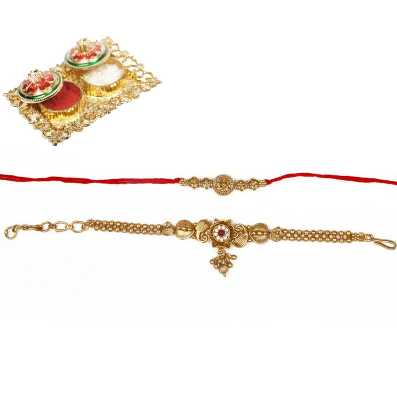 Raddhi Jewels Rajwadi Gold Plated Brass Ruby Stone Glided Floral Design Bhaiya Bhabhi Rakhi Set With Roli Chawal Plate Combo Hamper For Rakshabandhan