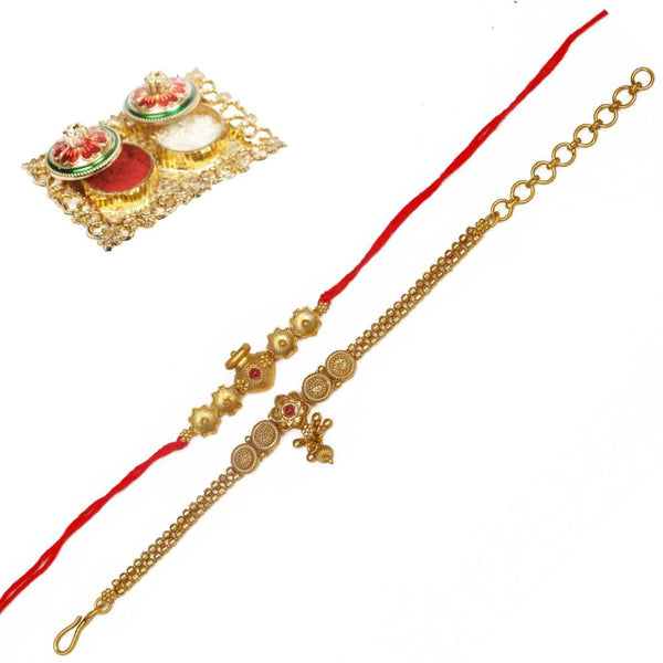 Raddhi Jewels Rajwadi Gold Plated Brass Ruby Stone Glided Floral Design Bhaiya Bhabhi Rakhi Set With Roli Chawal Plate Combo Hamper For Rakshabandhan