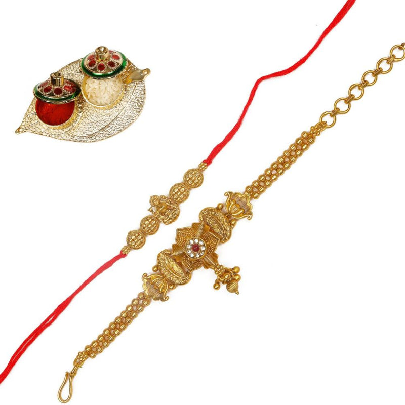 Raddhi Jewels Rajwadi Gold Plated Brass Ruby Stone Glided Floral Design Bhaiya Bhabhi Rakhi Set With Roli Chawal Plate Combo Hamper For Rakshabandhan