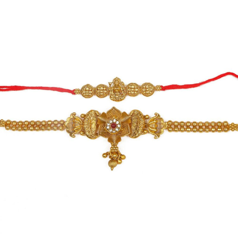 Raddhi Jewels Rajwadi Gold Plated Brass Ruby Stone Glided Floral Design Bhaiya Bhabhi Rakhi Set With Roli Chawal Plate Combo Hamper For Rakshabandhan