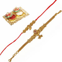 Raddhi Jewels Rajwadi Gold Plated Brass Ruby Stone Glided Floral Design Bhaiya Bhabhi Rakhi Set With Roli Chawal Plate Combo Hamper For Rakshabandhan