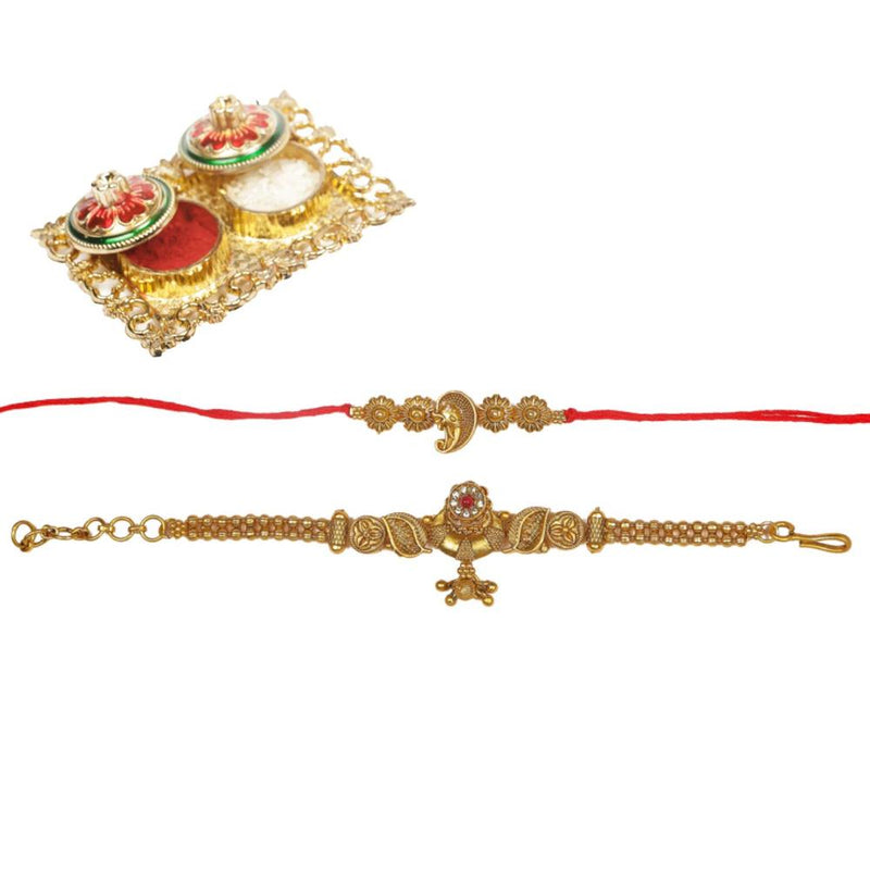 Raddhi Jewels Rajwadi Gold Plated Brass Ruby Stone Glided Floral Design Bhaiya Bhabhi Rakhi Set With Roli Chawal Plate Combo Hamper For Rakshabandhan