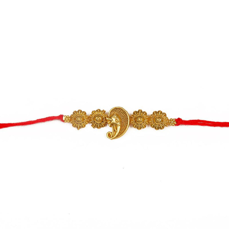 Raddhi Jewels Rajwadi Gold Plated Brass Ruby Stone Glided Floral Design Bhaiya Bhabhi Rakhi Set With Roli Chawal Plate Combo Hamper For Rakshabandhan