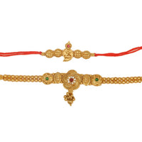 Raddhi Jewels Rajwadi Gold Plated Brass Ruby Stone Glided Floral Design Bhaiya Bhabhi Rakhi Set With Roli Chawal Plate Combo Hamper For Rakshabandhan