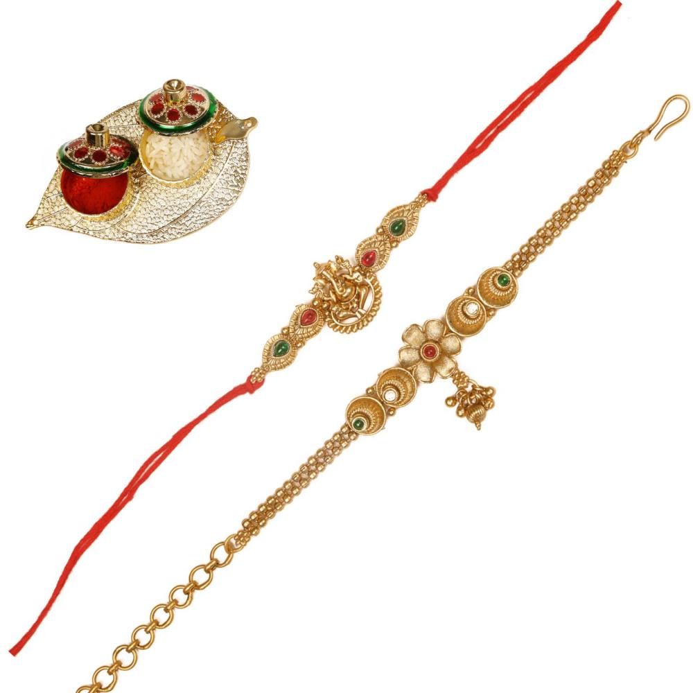 Raddhi Jewels Rajwadi Gold Plated Brass Ruby Stone Glided Floral Design Bhaiya Bhabhi Rakhi Set With Roli Chawal Plate Combo Hamper For Rakshabandhan