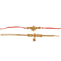 Raddhi Jewels Rajwadi Gold Plated Brass Ruby Stone Glided Floral Design Bhaiya Bhabhi Rakhi Set With Roli Chawal Plate Combo Hamper For Rakshabandhan