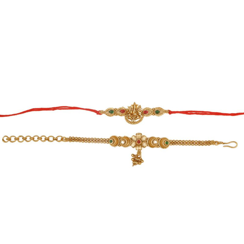 Raddhi Jewels Rajwadi Gold Plated Brass Ruby Stone Glided Floral Design Bhaiya Bhabhi Rakhi Set With Roli Chawal Plate Combo Hamper For Rakshabandhan