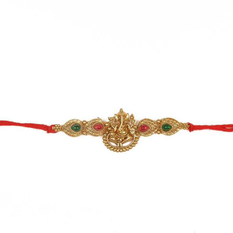 Raddhi Jewels Rajwadi Gold Plated Brass Ruby Stone Glided Floral Design Bhaiya Bhabhi Rakhi Set With Roli Chawal Plate Combo Hamper For Rakshabandhan