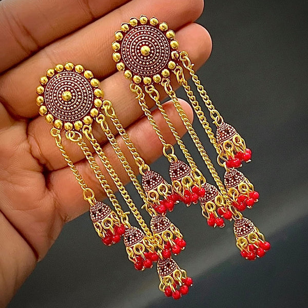 Subhag Alankar Red Stylish & Party Wear Danglers Latest Collection 5 Layer Latkan Earrings for Girls and Women.Alloy Drops & Danglers