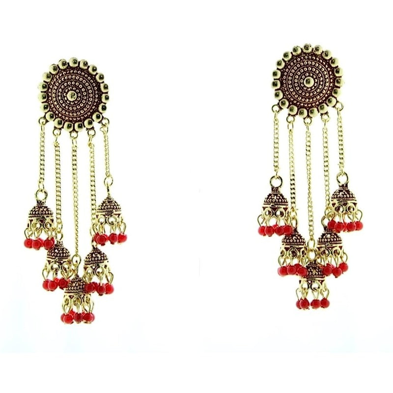 Subhag Alankar Red Stylish & Party Wear Danglers Latest Collection 5 Layer Latkan Earrings for Girls and Women.Alloy Drops & Danglers