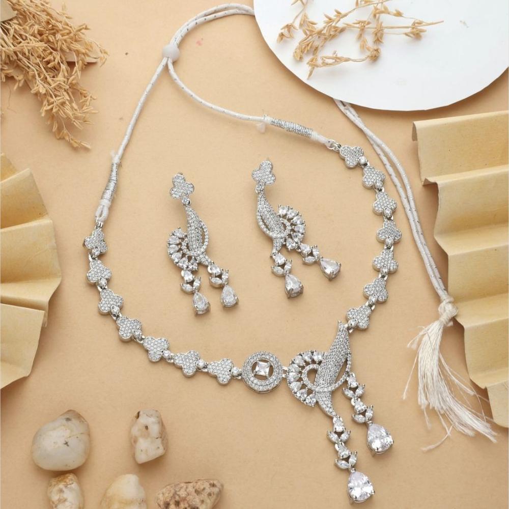 HR Sales Premium Quality Rhodium Finish American Diamond Necklace Set