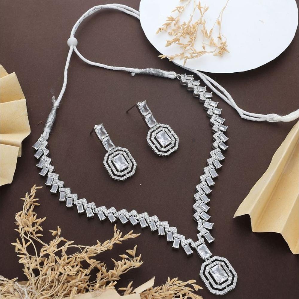 HR Sales Premium Quality Rhodium Finish American Diamond Necklace Set
