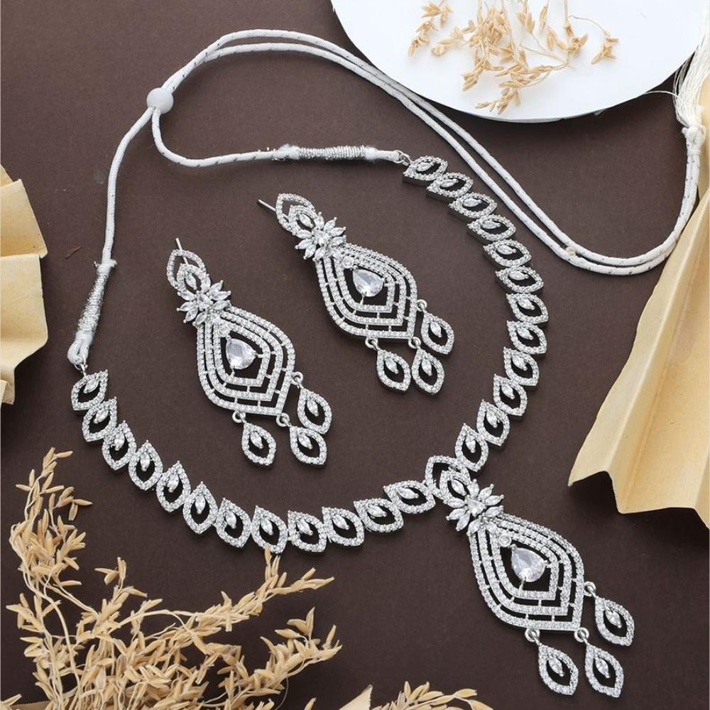 HR Sales Premium Quality Rhodium Finish American Diamond Necklace Set