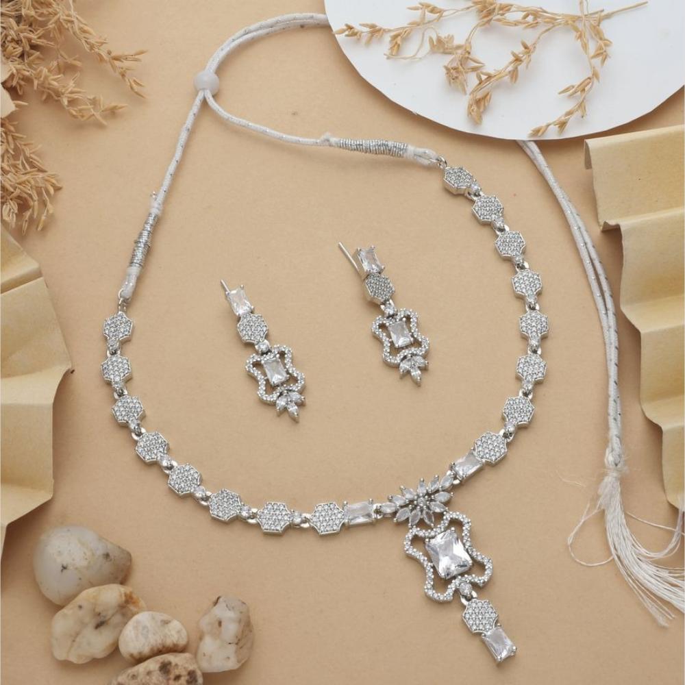 HR Sales Premium Quality Rhodium Finish American Diamond Necklace Set