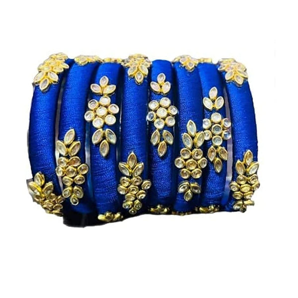 Sihan Creation Kundan Work Silk Thread Bangle Kada For Women Girls 8 PC Set Wedding & Festive Occasion Handmade (Blue)