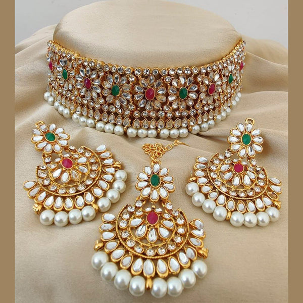 Bhavi Jewels Gold Plated Kundan And Pearls Choker Necklace Set