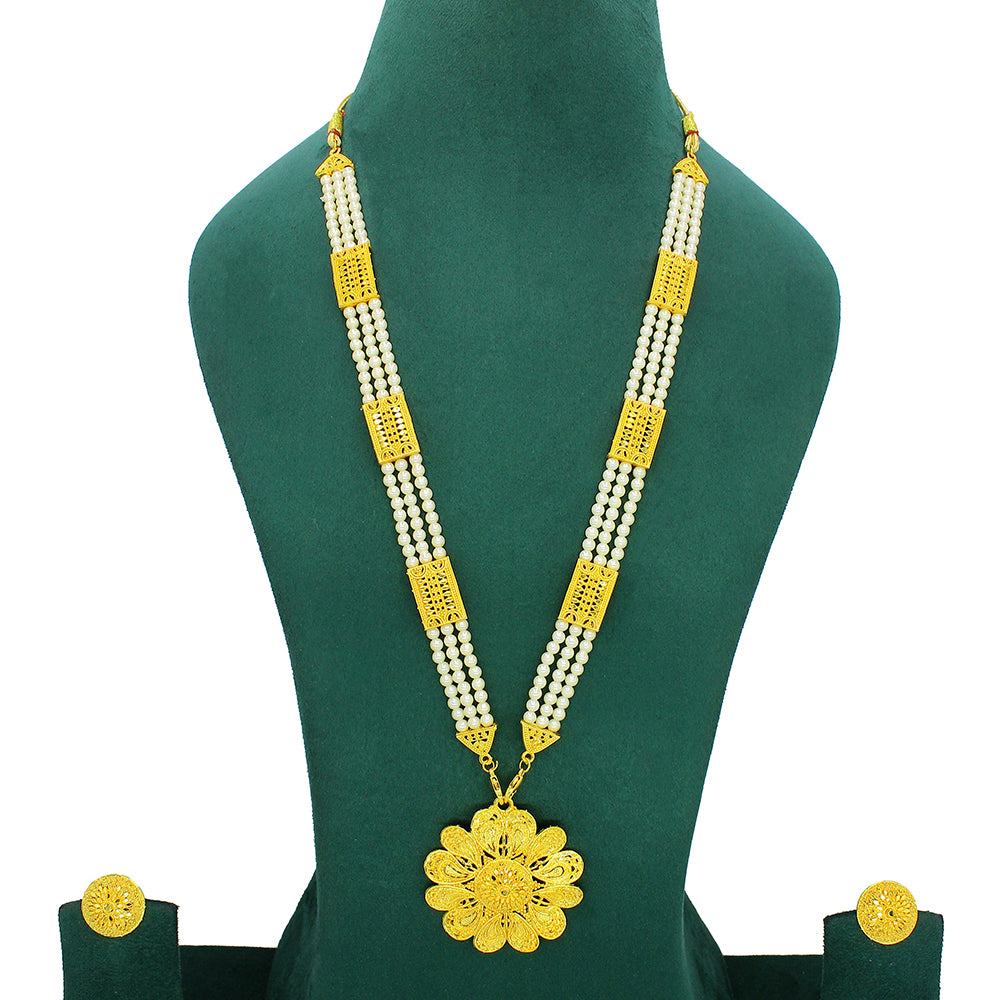Mahavir Dye Gold Plated Pearl Long Necklace Set