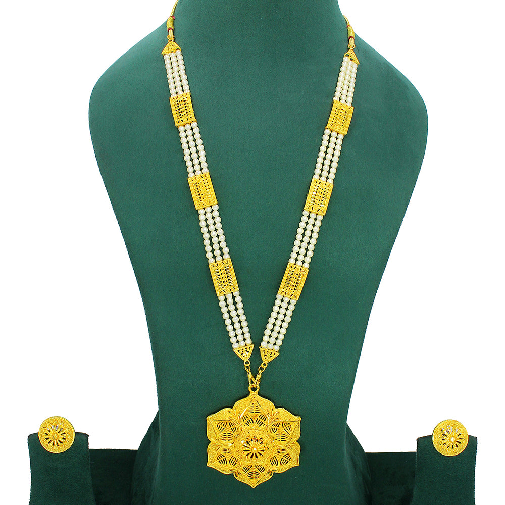 Mahavir Dye Gold Plated Pearl Long Necklace Set