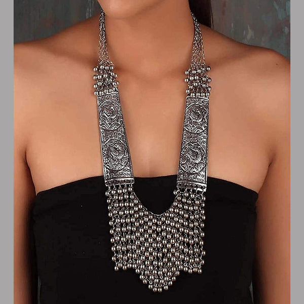 Bevy Pearls Oxidised Plated Choker Long Necklace Set