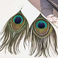 Beavy Pearls Lightweight Peacock Feather Hanging Earrings