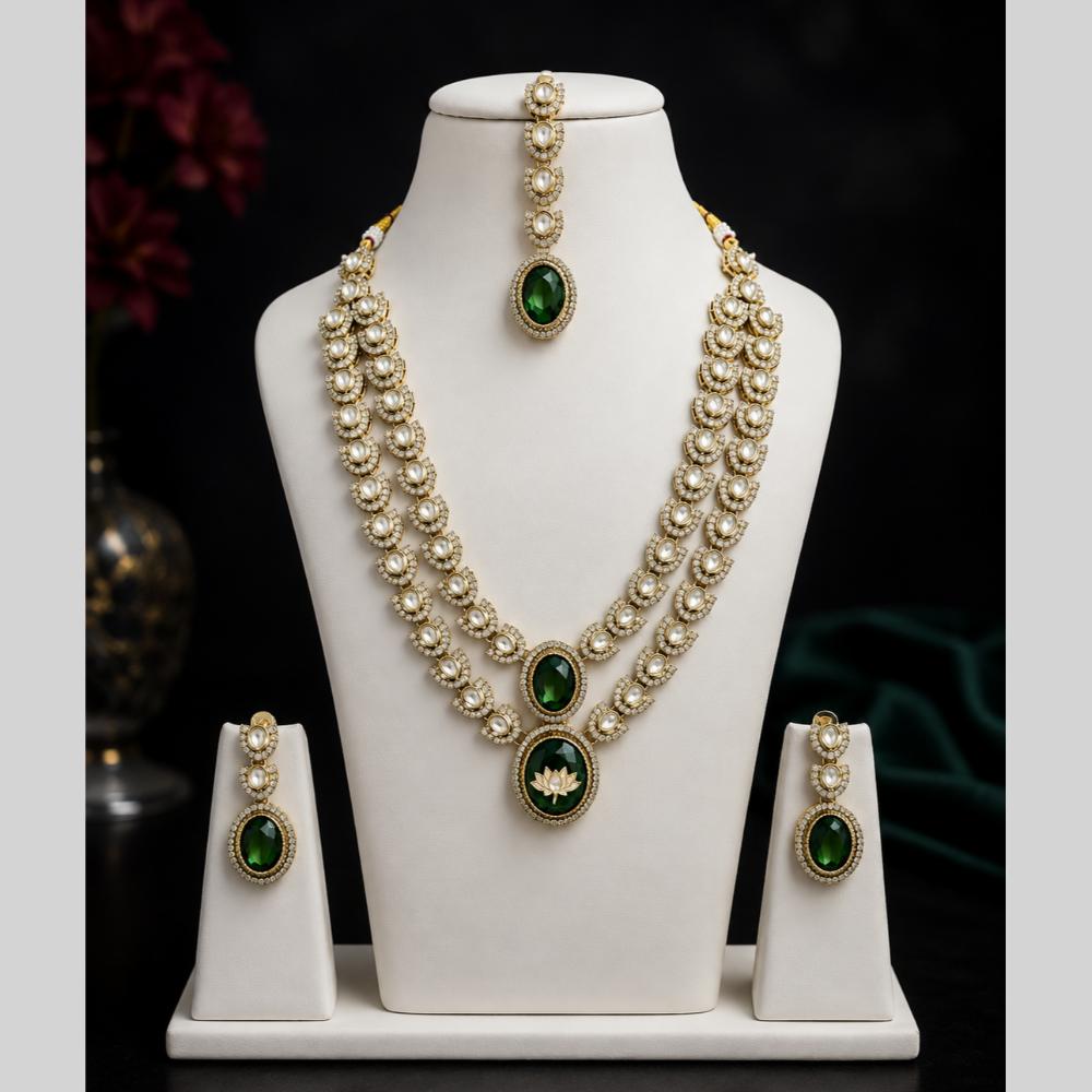 Lalso Double Layer Kundan Bridal Necklace earring maangtikka Jewellery Set with  Green Stones for wedding festival - SM-NK501-GR