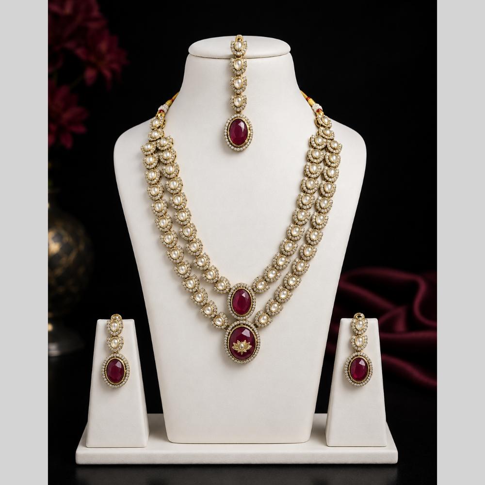Lalso Double layer Kundan Bridal Necklace earring maangtikka Jewellery Set with  Maroon Stones for wedding festival - SM-NK501-MR