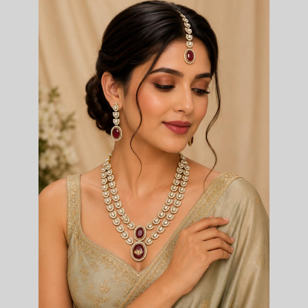 Lalso Double layer Kundan Bridal Necklace earring maangtikka Jewellery Set with  Maroon Stones for wedding festival - SM-NK501-MR