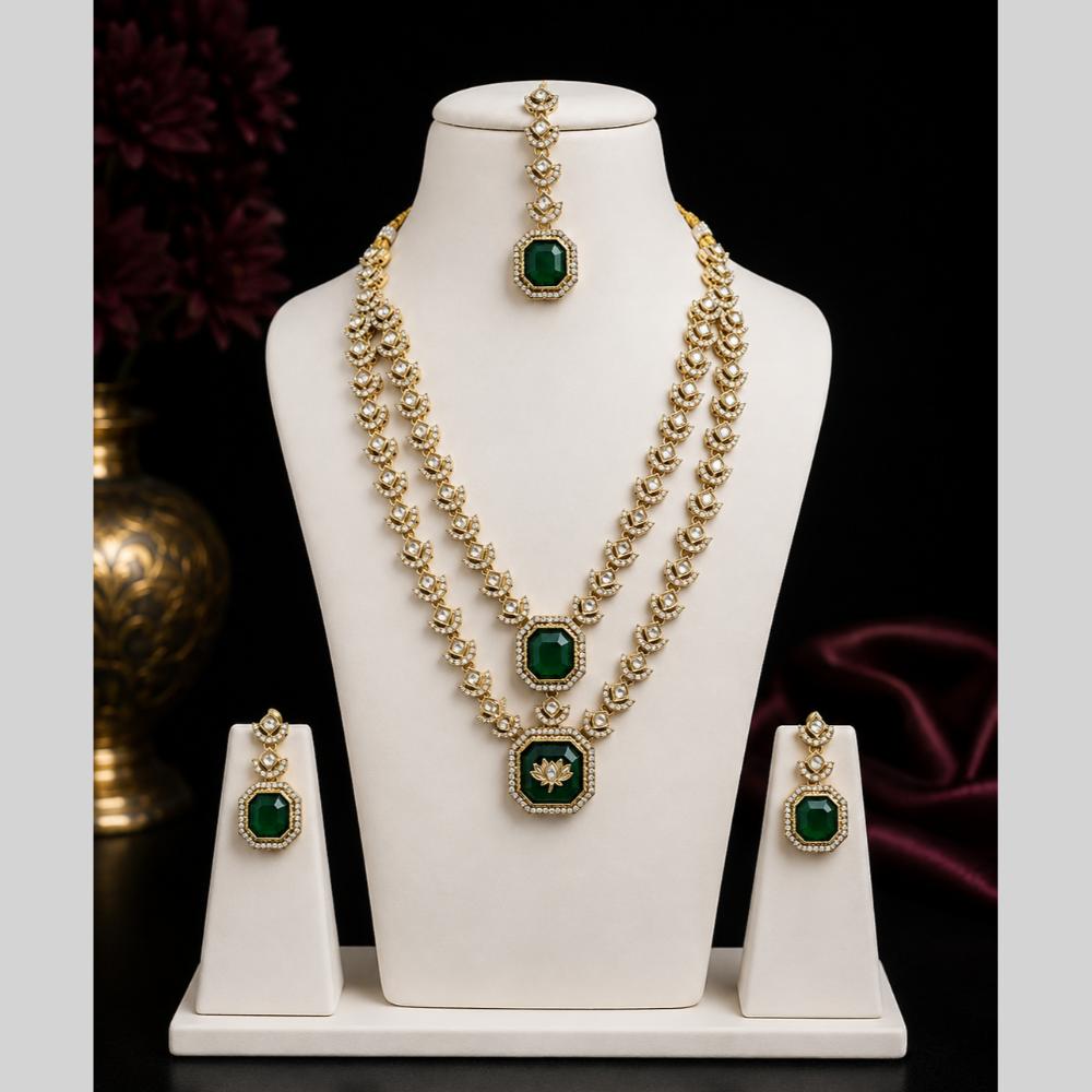 Lalso Double Layer Kundan Bridal Necklace earring maangtikka Jewellery Set with  Green Stones for wedding festival - SM-NK502-GR