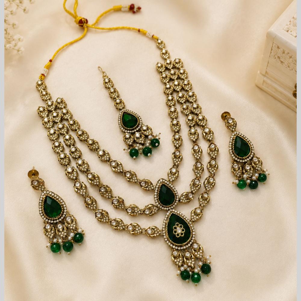 Lalso Tripple Layer Kundan Bridal Necklace earring maangtikka Jewellery Set with  Green Stones for wedding festival - SM-NK503-GR