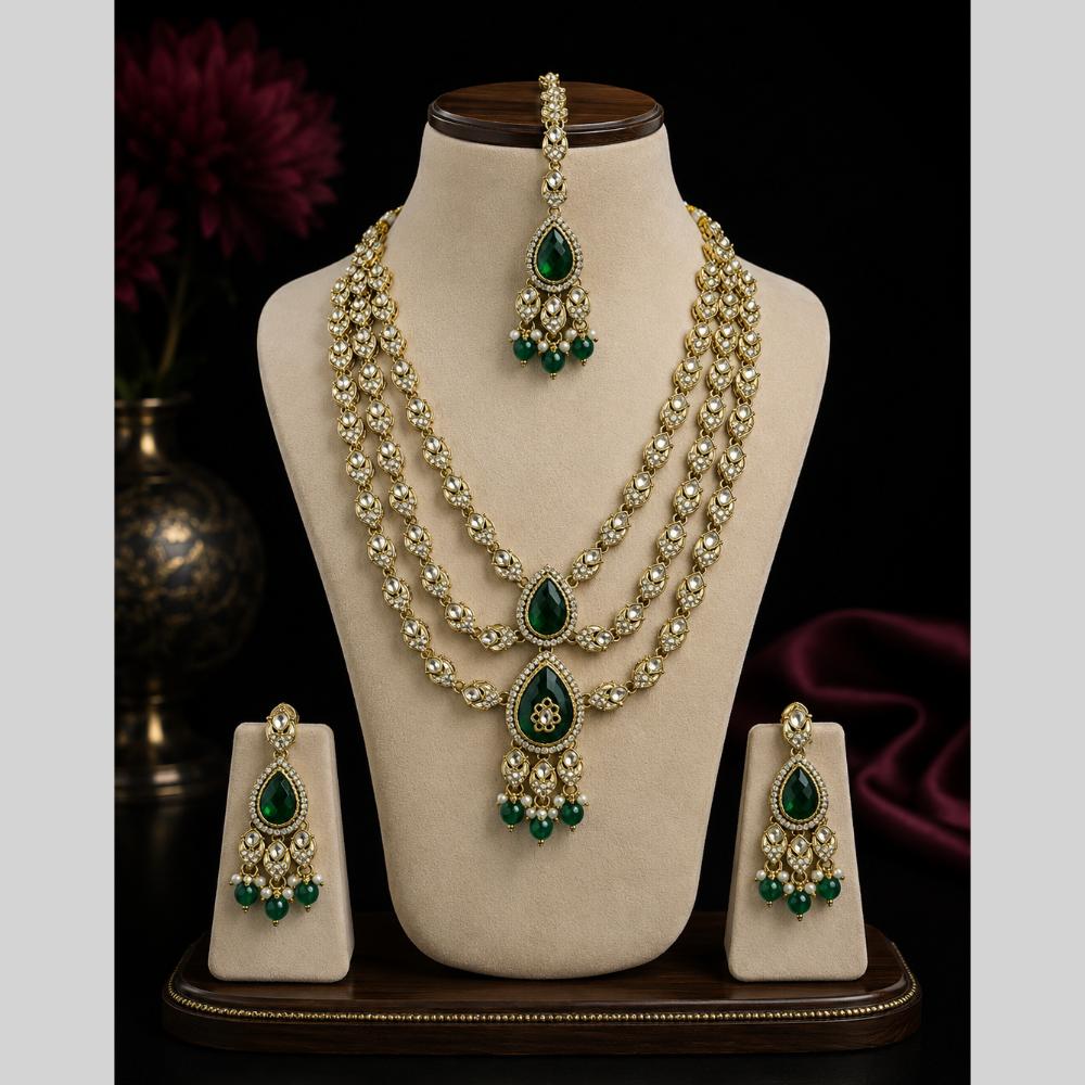 Lalso Tripple Layer Kundan Bridal Necklace earring maangtikka Jewellery Set with  Green Stones for wedding festival - SM-NK503-GR