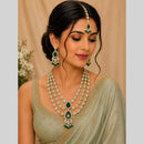 Lalso Tripple Layer Kundan Bridal Necklace earring maangtikka Jewellery Set with  Green Stones for wedding festival - SM-NK503-GR