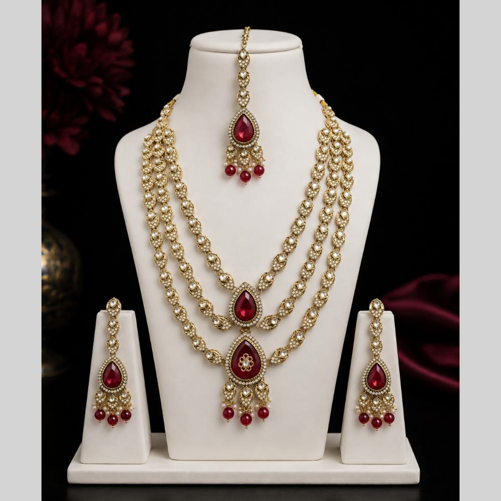 Lalso Tripple Layer Kundan Bridal Necklace earring maangtikka Jewellery Set with  Maroon Stones for wedding festival - SM-NK503-MR