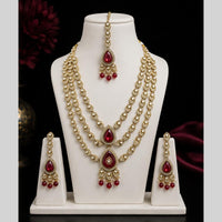 Lalso Tripple Layer Kundan Bridal Necklace earring maangtikka Jewellery Set with  Maroon Stones for wedding festival - SM-NK503-MR