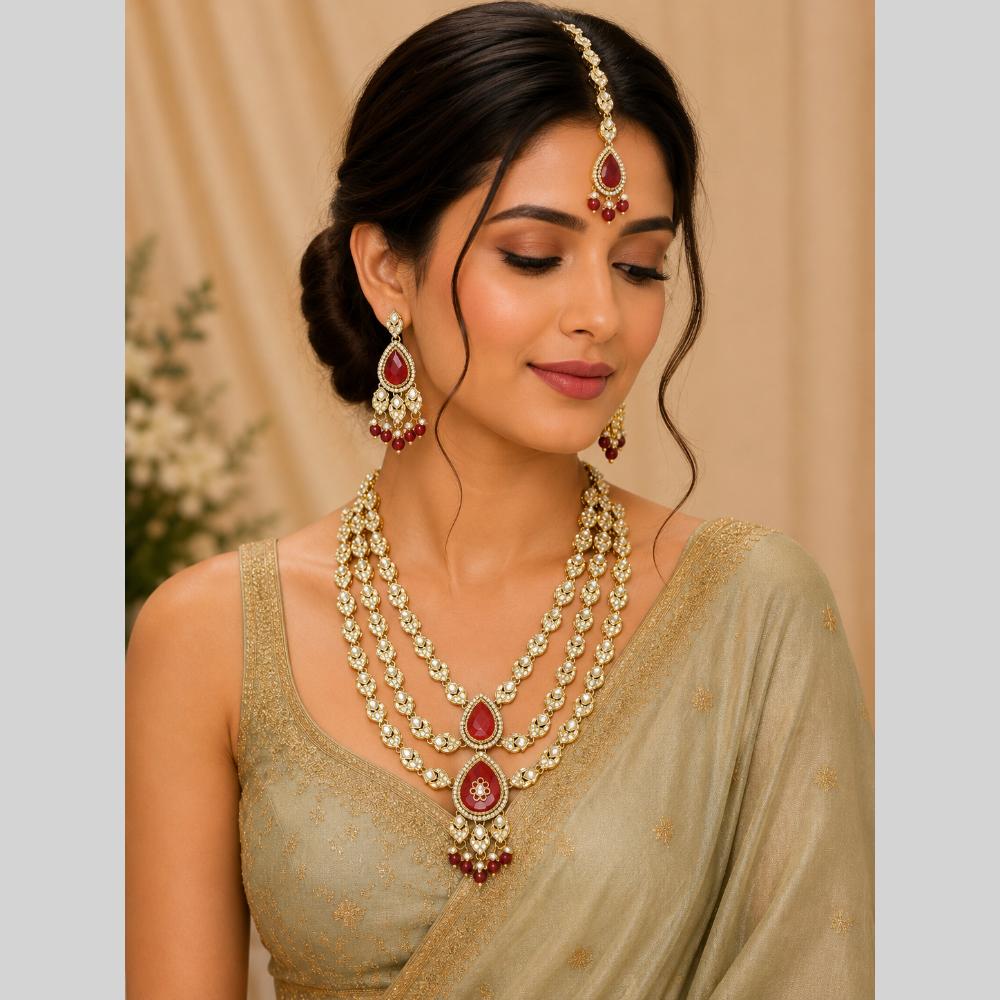 Lalso Tripple Layer Kundan Bridal Necklace earring maangtikka Jewellery Set with  Maroon Stones for wedding festival - SM-NK503-MR
