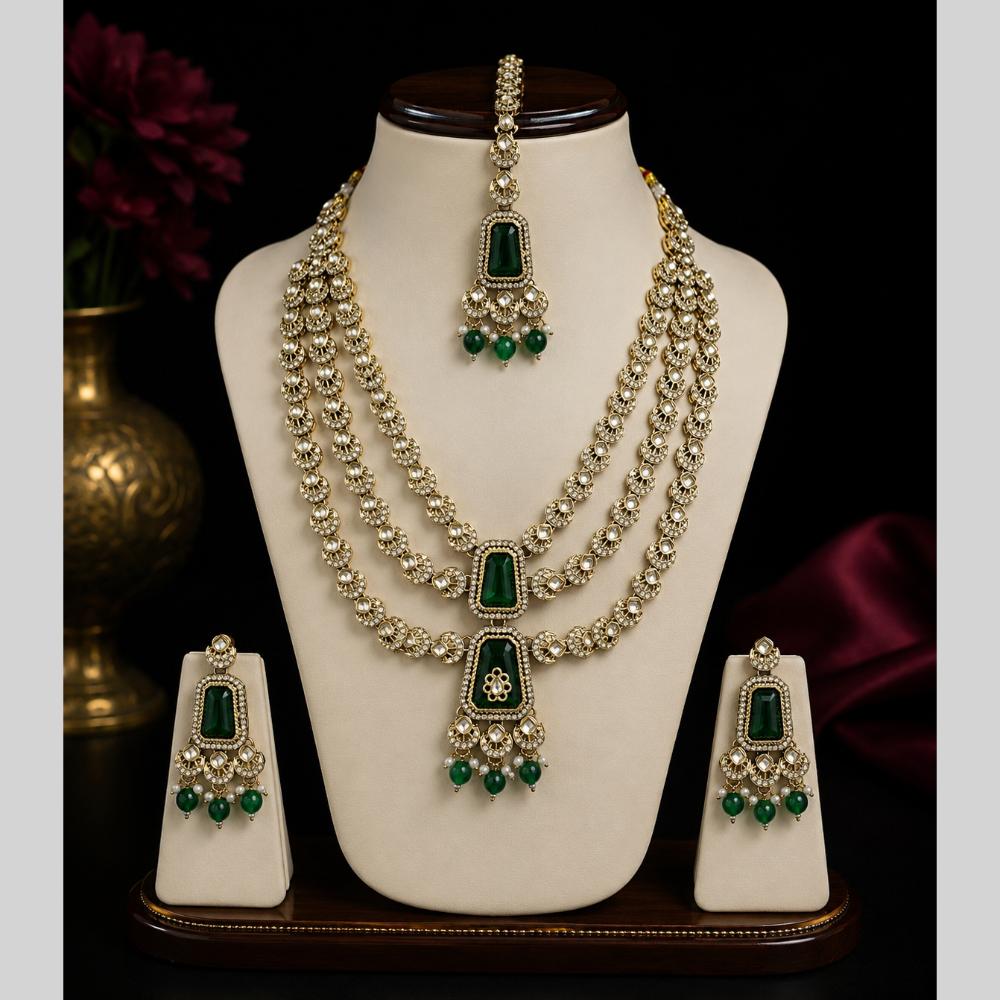 Lalso Tripple Layer Kundan Bridal Necklace earring maangtikka Jewellery Set with  Green Stones for wedding festival - SM-NK504-GR