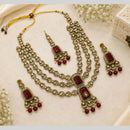 Lalso Tripple Layer Kundan Bridal Necklace earring maangtikka Jewellery Set with  Maroon Stones for wedding festival - SM-NK504-MR