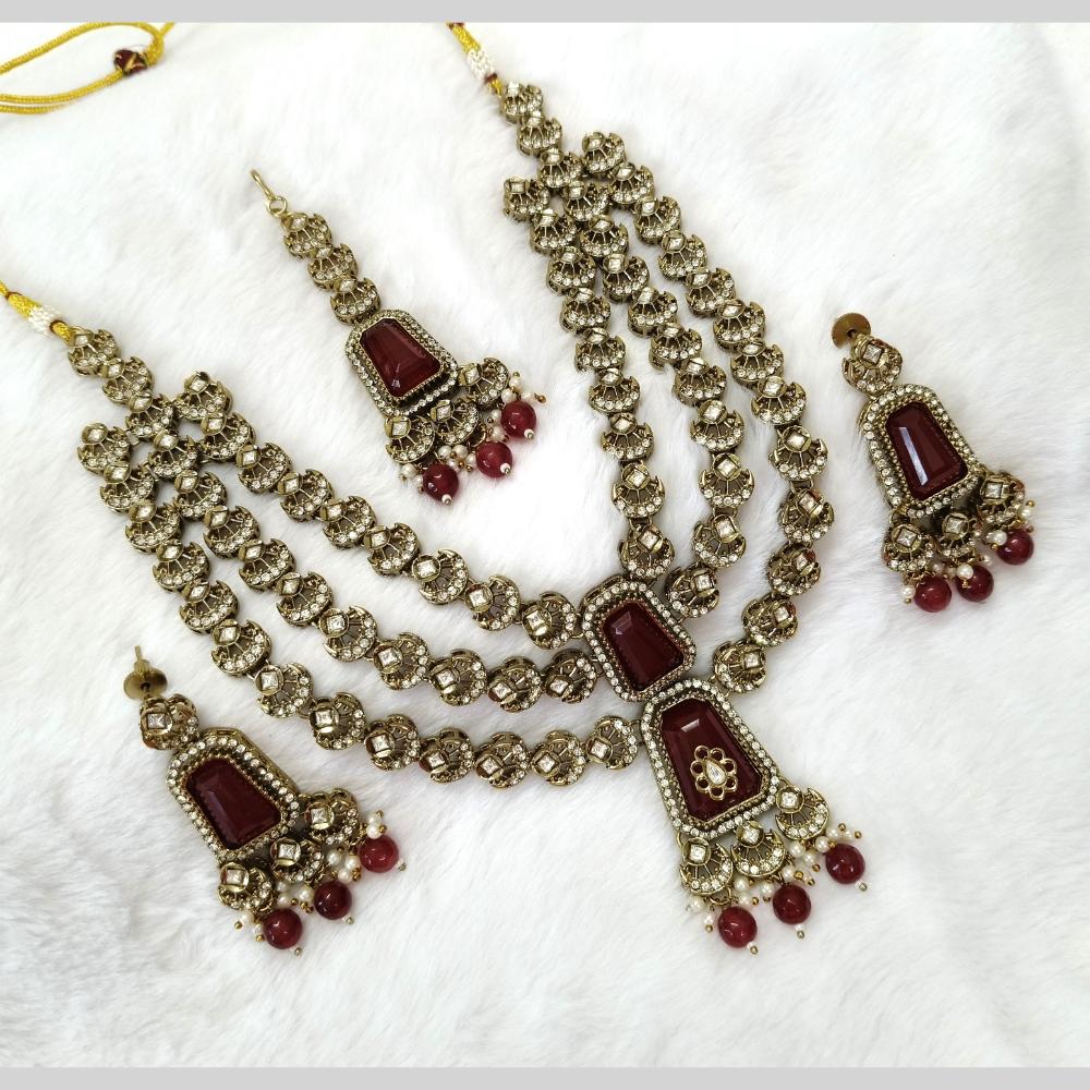 Lalso Tripple Layer Kundan Bridal Necklace earring maangtikka Jewellery Set with  Maroon Stones for wedding festival - SM-NK504-MR