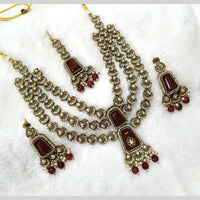 Lalso Tripple Layer Kundan Bridal Necklace earring maangtikka Jewellery Set with  Maroon Stones for wedding festival - SM-NK504-MR