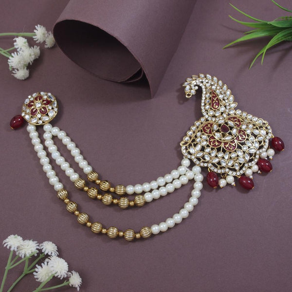 Etnico Gold Plated Traditional Stone Pearl Drop Safa Kalangi Brooch for Groom/Men/Dulha Pagadi (SM70M)